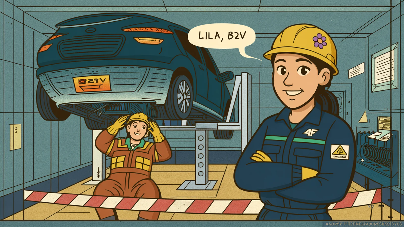 Lila, habilitée B2V, reste derrière le balisage pendant qu'un technicien B2VL intervient sur la batterie d'un véhicule électrique