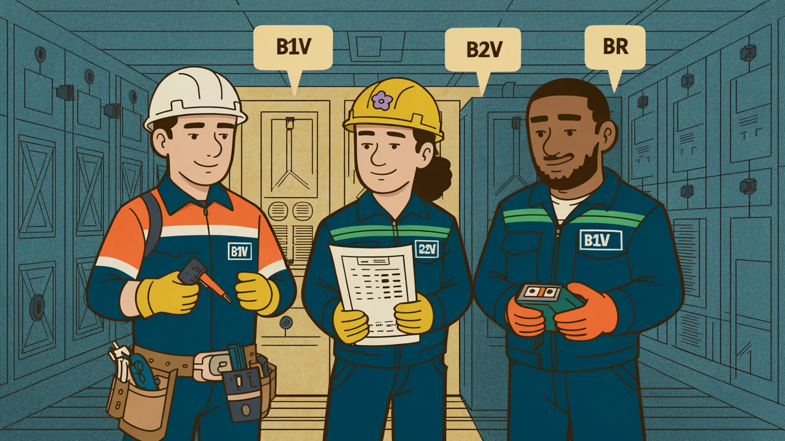 Léo (B1V), Lila (B2V) et Matthis (BR) côte à côte : exécutant, chargé de travaux, chargé d'intervention