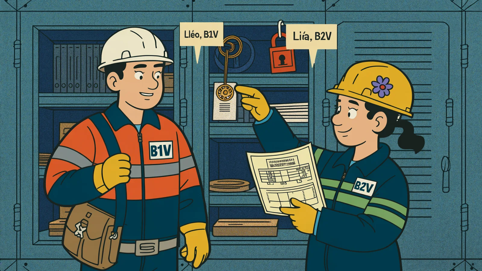 Lila, chargée de travaux B2V, donne ses consignes à Léo, exécutant B1V, devant une armoire consignée