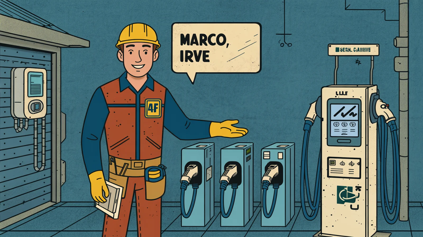 Marco présente trois bornes de recharge : wallbox, borne sur pied et borne rapide, niveaux IRVE P1, P2 et P3